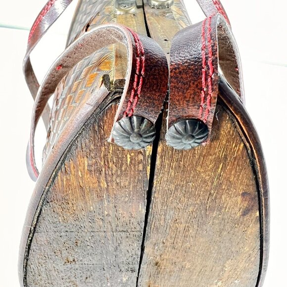 Vintage Wooden & Woven Leather Handbag Purse Brass Latch Hinges Straps - Picture 15 of 16